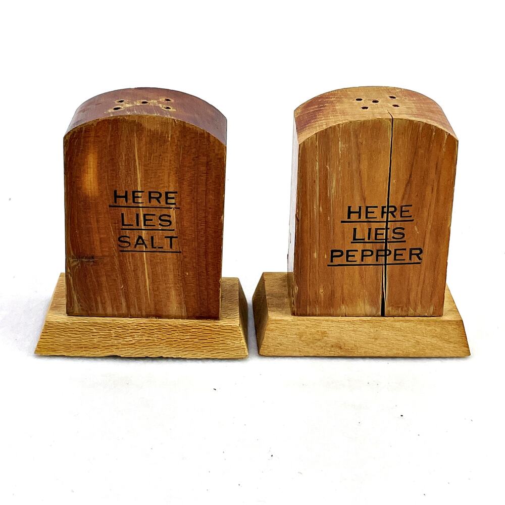Vintage Wooden Tombstone Headstone Here Lies Salt Pepper Shaker Set